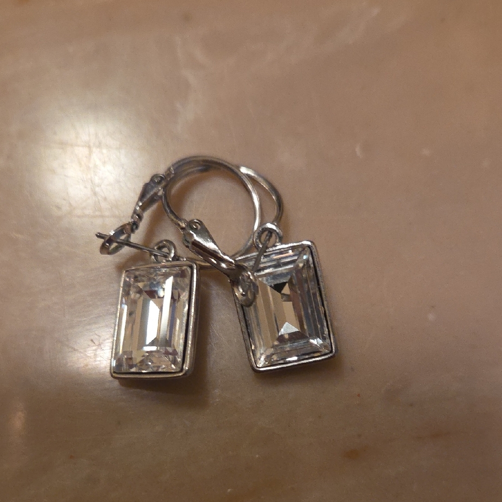 Clear Crystal Rectangle Drop Earrings - Unbranded Silver Tone